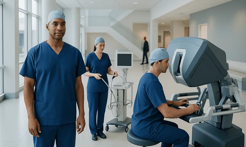 Da Vinci Surgery vs Traditional Laparoscopy: Key Differences for Patients 9 Medical team operating Da Vinci surgical robot in hospital.