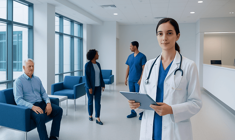 Medical professionals and patient in a modern hospital waiting area.