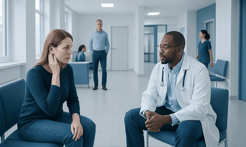 Doctor consulting with a patient in a hospital corridor.
