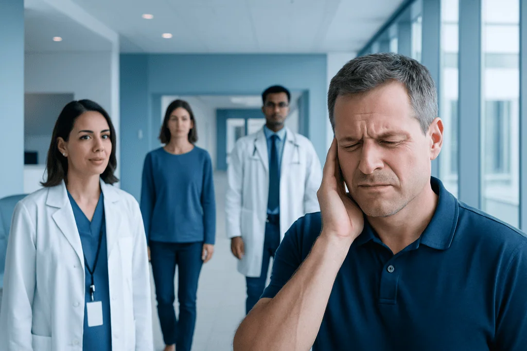 Tinnitus Myths and Facts: What Ringing in the Ears Really Means 1 Man experiencing ear pain in a hospital corridor with medical staff nearby.