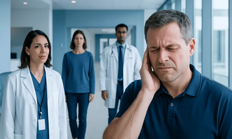 Man experiencing ear pain in a hospital corridor with medical staff nearby.