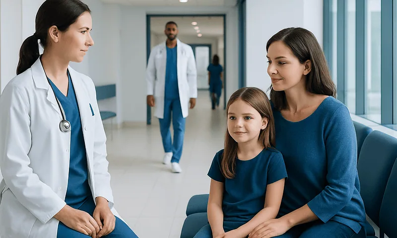 Ear Tubes Recovery: How Long Healing Takes and How to Care for the Ear 20 Pediatric patient with mother consulting a doctor in hospital corridor.