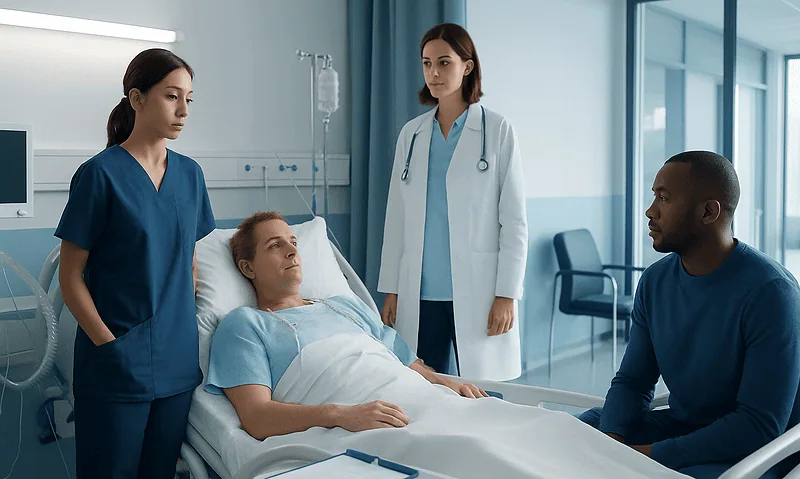 Patient in ICU with medical staff and visitors after heart surgery.