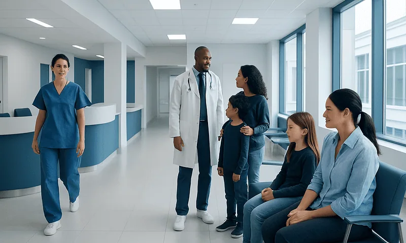 Medical team consulting with a family in a hospital corridor.