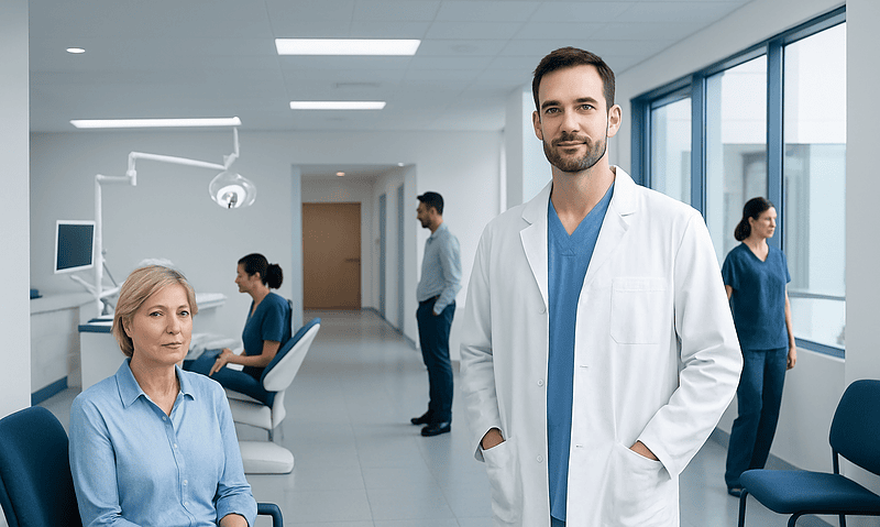Dental clinic with doctors and patients in a modern healthcare facility.