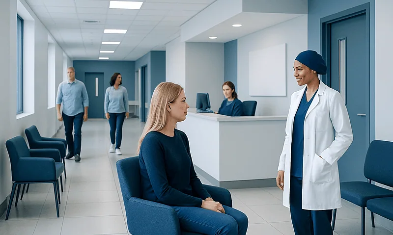 Patient consulting with a dermatologist in a modern clinic.