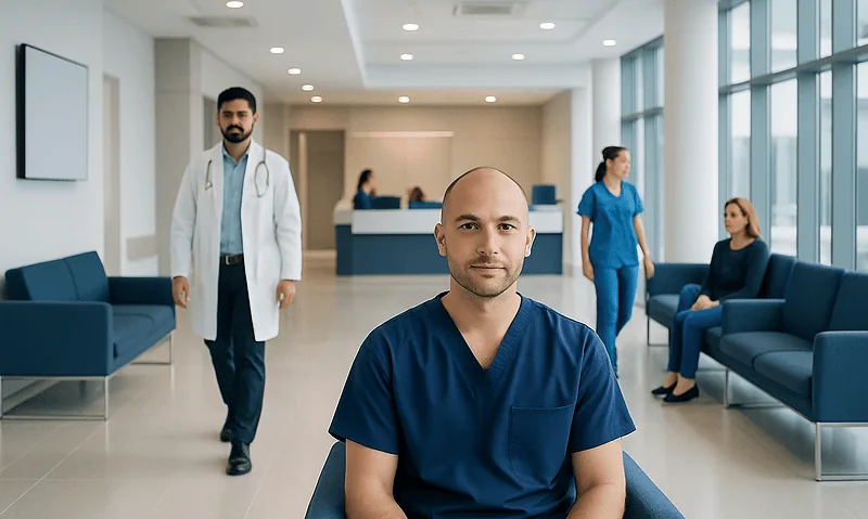 Medical staff in a modern hospital waiting area with large windows.