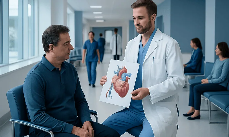 Cardiologist explains heart anatomy to patient in hospital corridor.