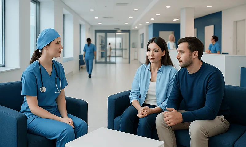 Fertility clinic consultation with a nurse and couple in a modern hospital.
