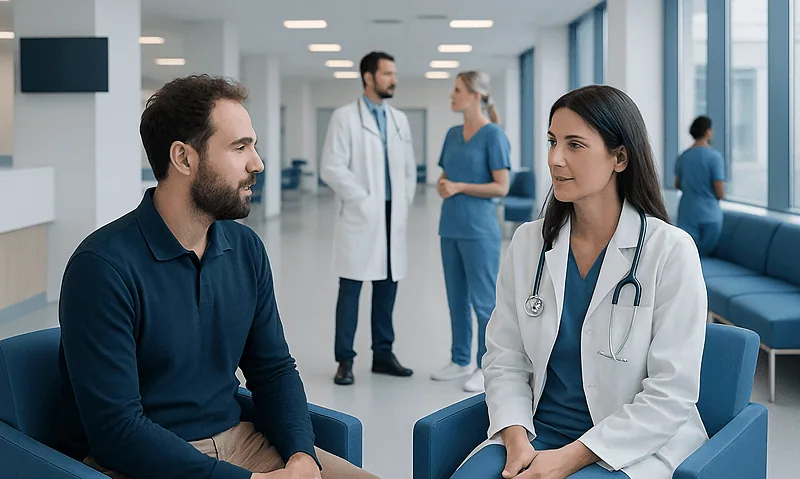 Patient consulting with doctor in hospital waiting area.
