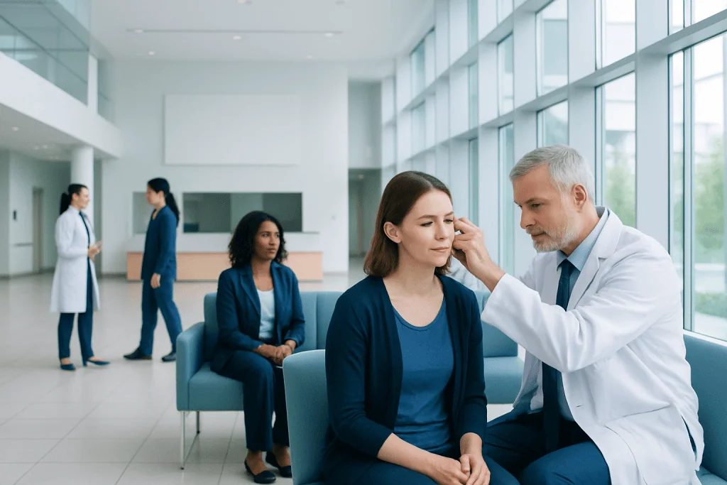 Tympanoplasty: Repairing a Perforated Eardrum and Hearing Recovery 1 ENT specialist examines patient's ear in a modern hospital setting.