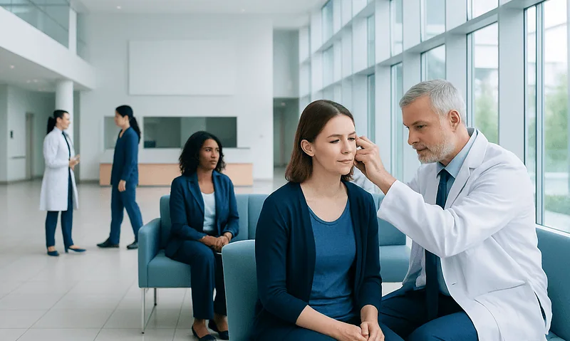 ENT specialist examines patient's ear in a modern hospital setting.