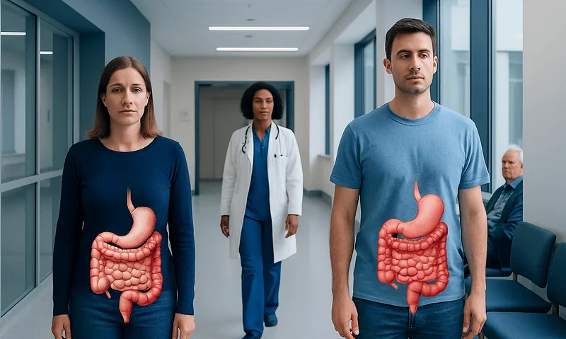 Ulcerative Colitis vs Crohn’s Disease: How the Two Conditions Differ 9 Patients with digestive issues in a hospital corridor with medical staff present.