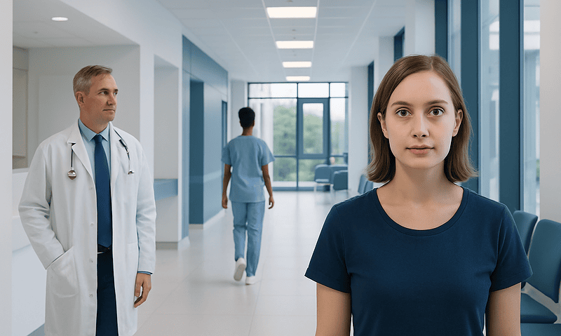 Young woman with anisocoria in a hospital corridor.