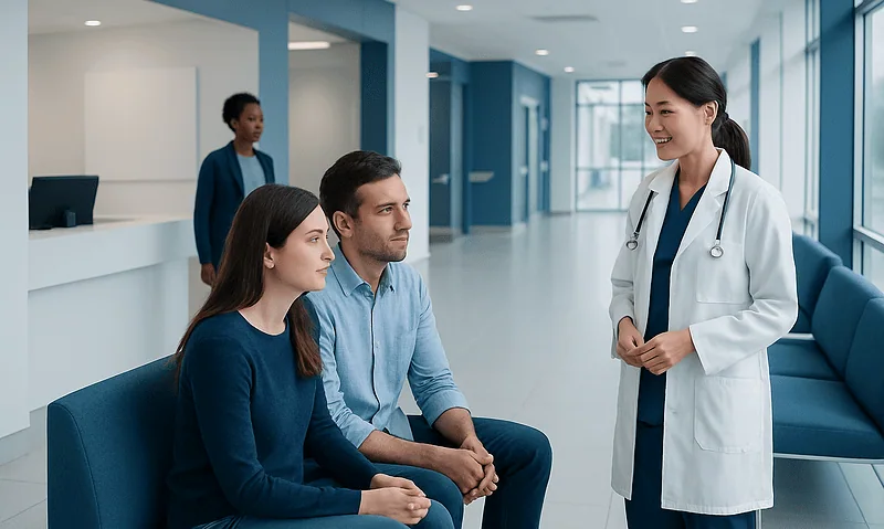 Doctor consulting with a couple in a hospital lobby.