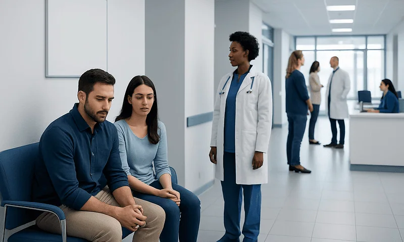 Patients waiting in a hospital corridor with medical staff nearby.