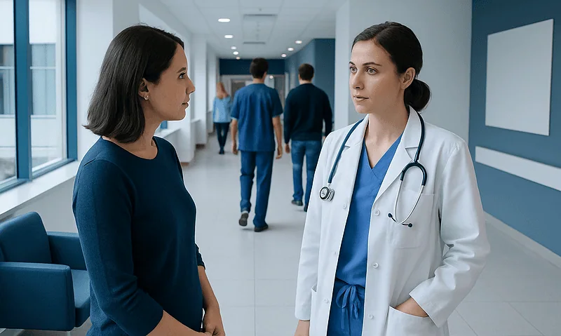 Doctor and patient having a discussion in hospital corridor.