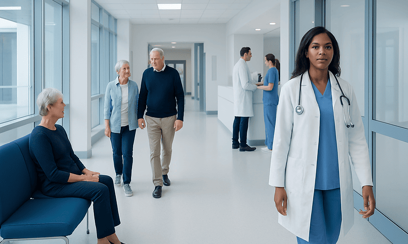 Healthcare professionals and patients in a modern hospital corridor.