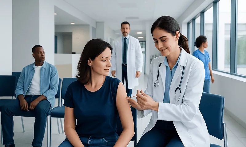 Healthcare professional administering vaccine to patient in clinic setting.