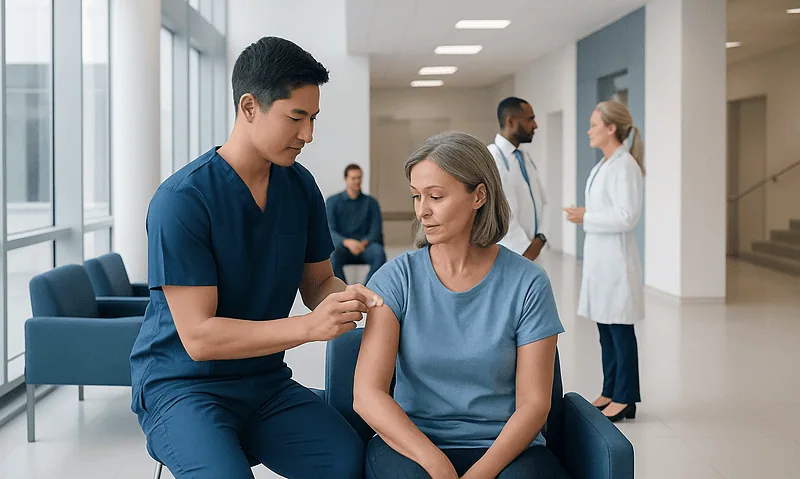 Nurse administering a vaccine to a woman in a hospital setting.