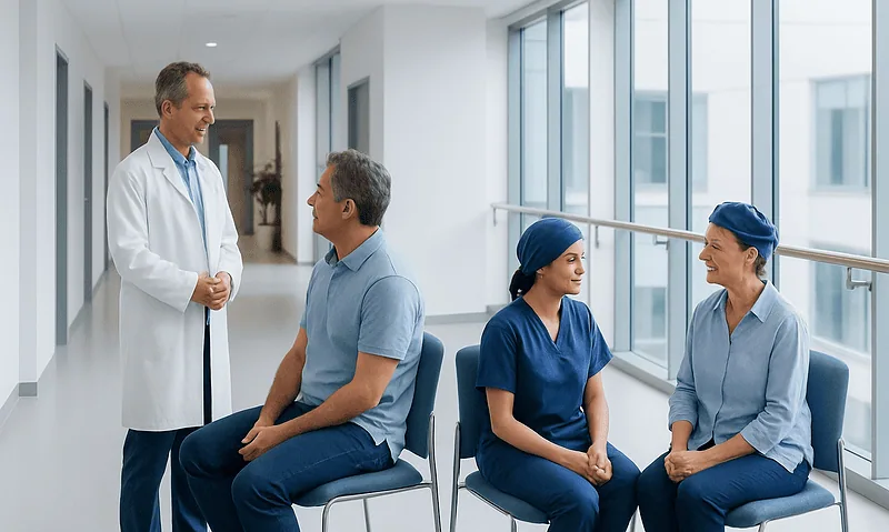 Doctor consulting with two nurses in hospital corridor.
