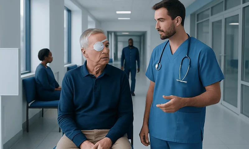 Doctor consulting with elderly patient with eye patch in hospital corridor.