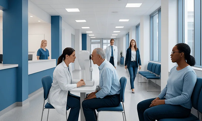 Optometry exam in a modern hospital corridor with patients and staff.