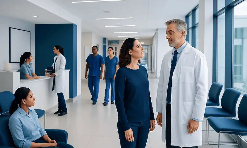 Healthcare professionals and patients in a modern hospital corridor.