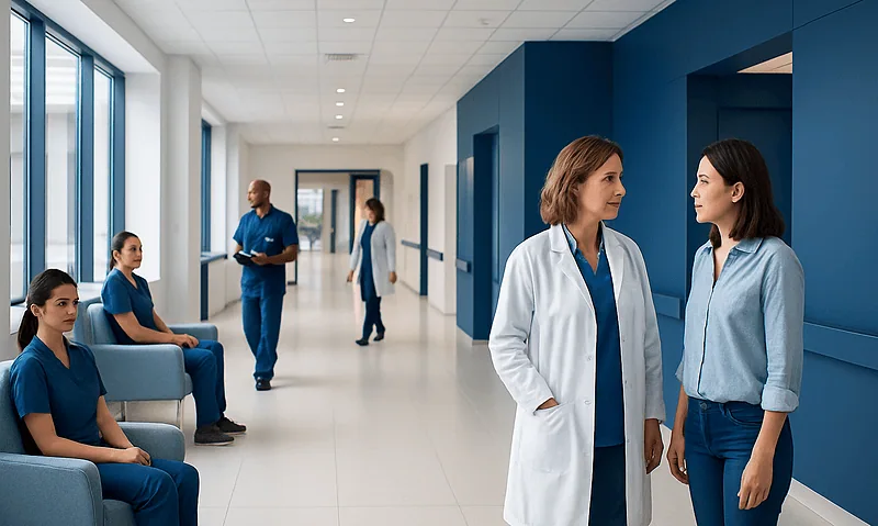 Hospital corridor with medical staff and patients in blue scrubs and white coat.