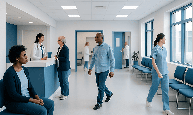 Patients and staff in a modern hospital waiting area and reception.