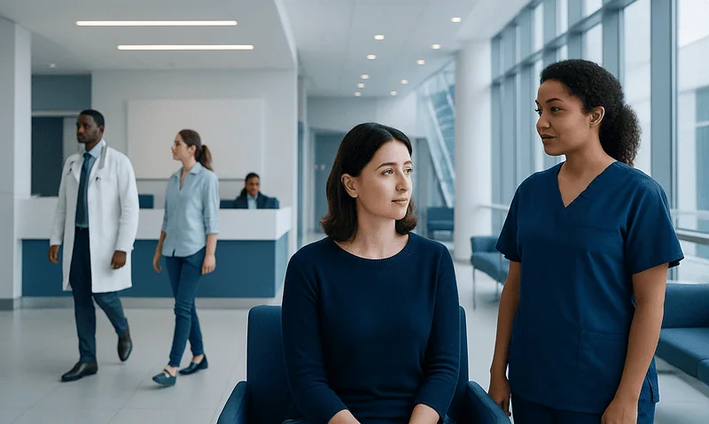 Women discussing mental health in a hospital waiting area.