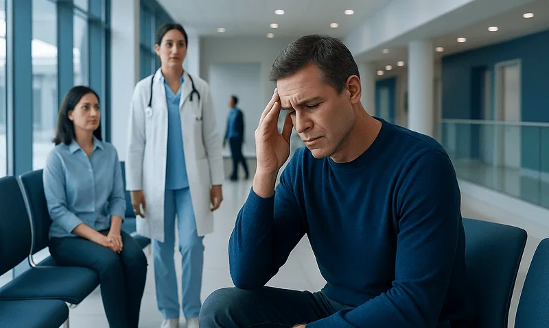 Man with headache in hospital waiting area with medical staff nearby.