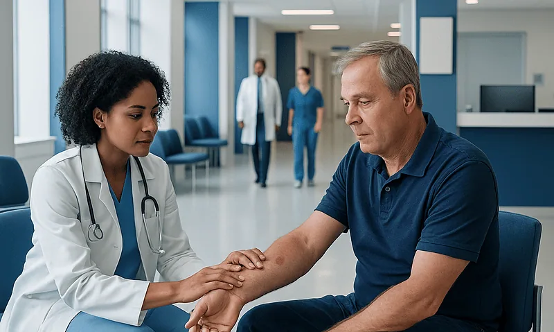 Doctor examining a patient's arm in a hospital corridor.