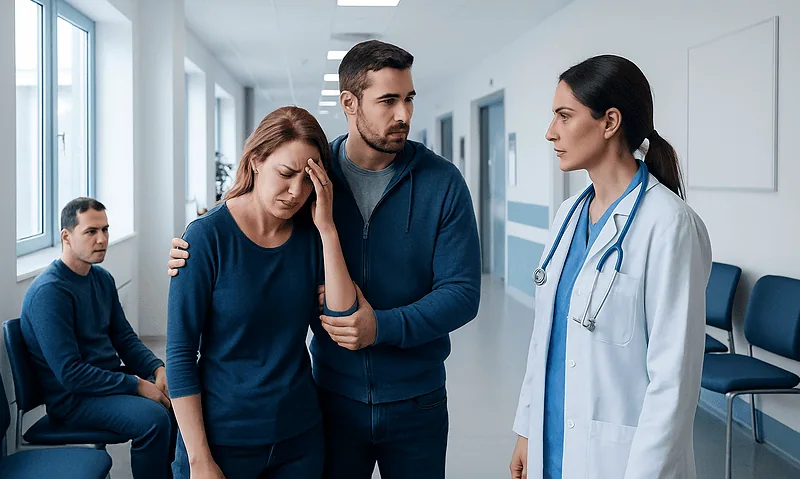 Patient experiencing headache and discomfort during a hospital visit.