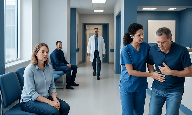 Medical staff assisting a patient in a hospital corridor.