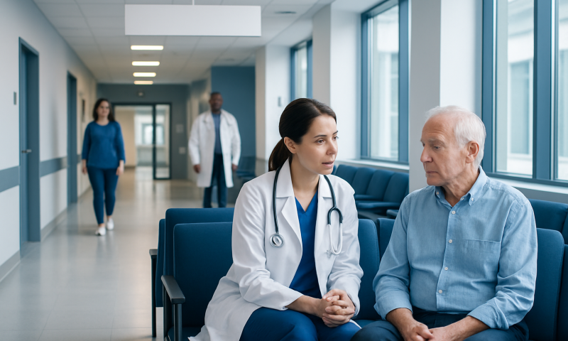 Doctor consulting elderly patient in hospital corridor.