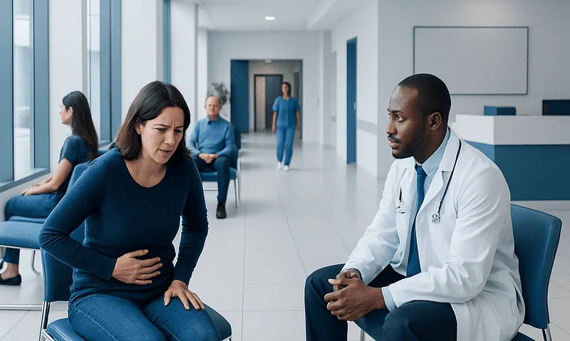 Gastrointestinal Issues: Which Symptoms Suggest a Chronic Problem? 6 Patient experiencing abdominal pain during consultation at hospital.