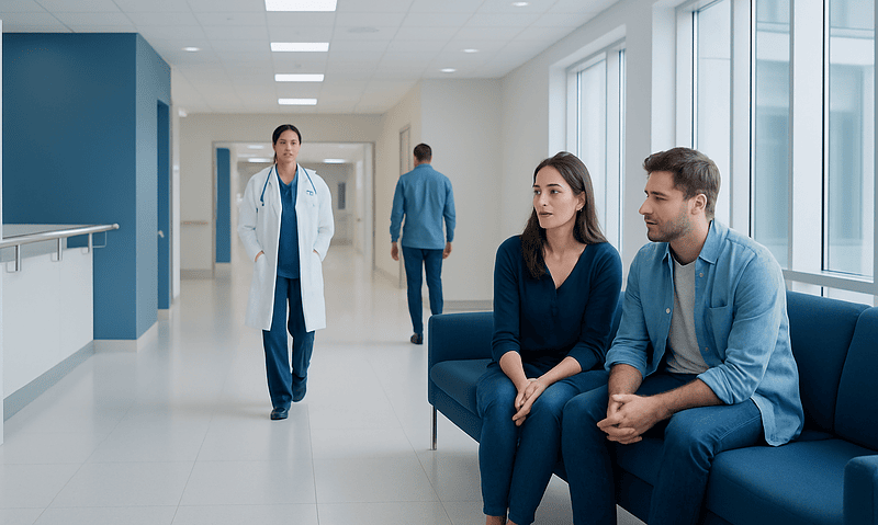 Patients waiting in a hospital corridor with medical staff nearby.