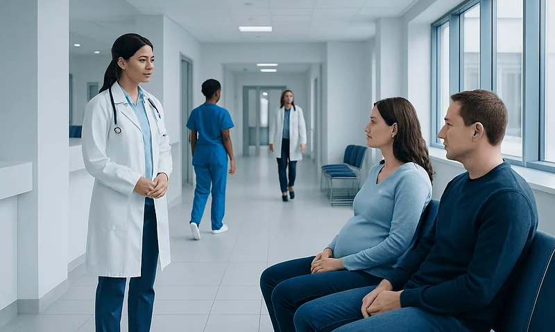Doctor consulting pregnant woman in hospital corridor.