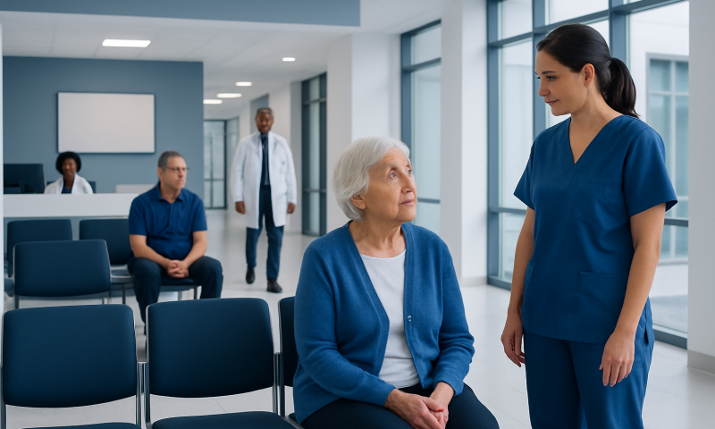 Elderly woman consulting with nurse in hospital waiting area.