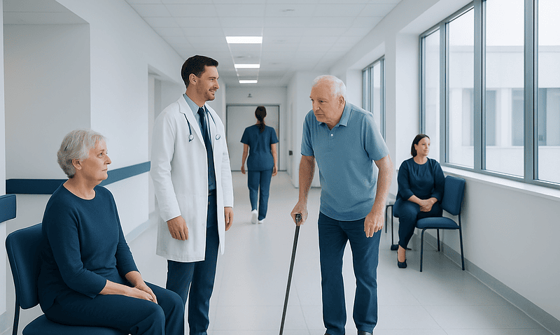 Do I Need a Hip Replacement? Signs and Self-Check 2 Elderly man with cane consulting with doctor in hospital corridor.