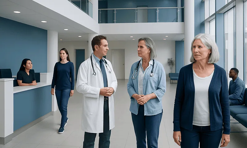 Medical professionals and patients in a modern hospital lobby.