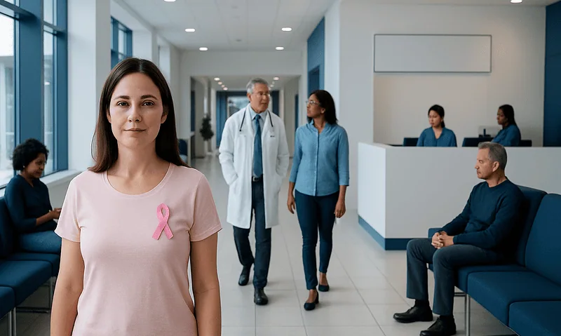 Young woman with pink breast cancer awareness ribbon at hospital reception.