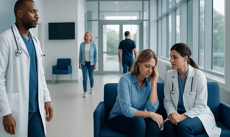 Doctor consulting a patient in a modern hospital corridor.