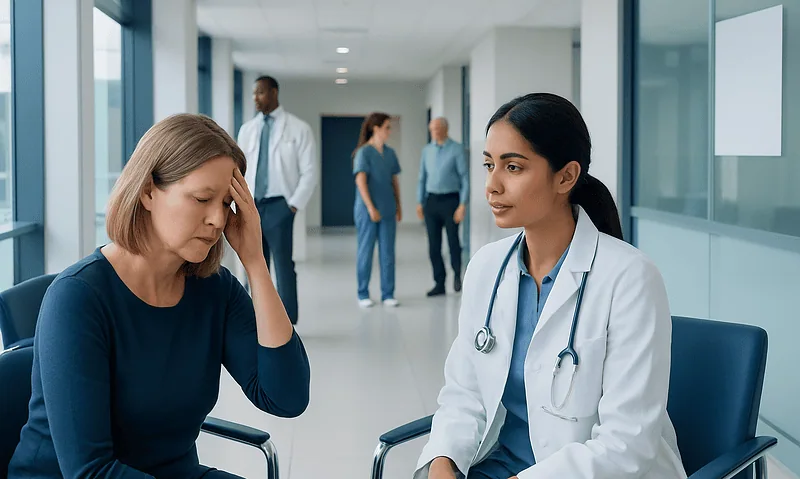 Patient experiencing headache during consultation at hospital.