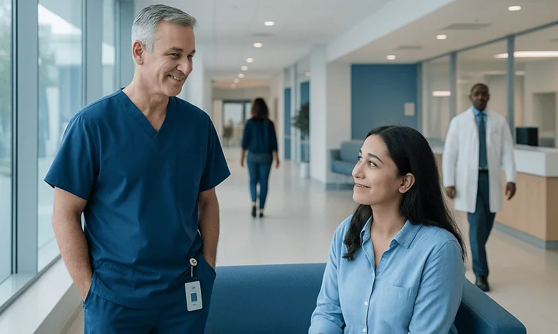Healthcare professional talking to a patient in a modern hospital lobby.