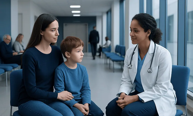 Pediatric consultation at Acibadem Hospital with mother, child, and doctor.