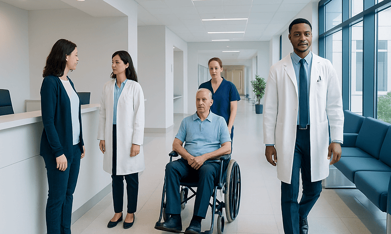 Medical team with patient in wheelchair at hospital corridor.