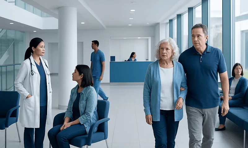 Patients waiting in a modern hospital corridor with medical staff present.