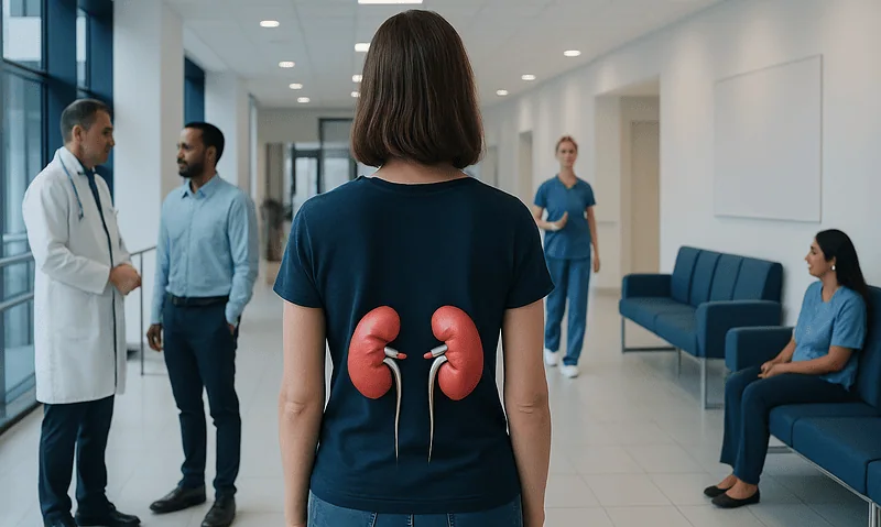 Woman with kidney illustration on back in medical consultation setting.
